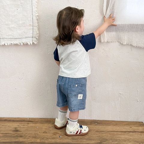 Boys Korean Style Short Sleeve Raglan T-Shirt And Washed Denim Shorts Two-Piece Set Summer Casual Clothes For Infants Toddlers