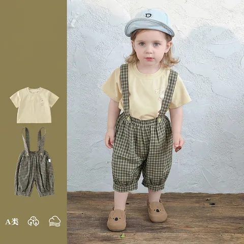 Vêtements Été Garçon Style Coréen T-Shirt Jaune Pâle Manches Courtes Et Short À Bretelles Plaid Vert Tenue Coton
