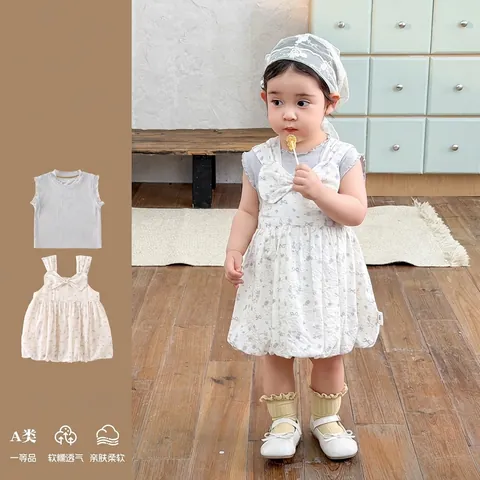 Baby Mädchen Sommer Blumen Trägerkleid Und Geripptes Ärmelloses Rüschenoberteil Koreanischer Stil Baumwolle Ausgehbekleidung