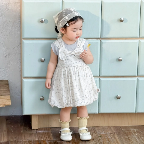 Baby Mädchen Sommer Blumen Trägerkleid Und Geripptes Ärmelloses Rüschenoberteil Koreanischer Stil Baumwolle Ausgehbekleidung