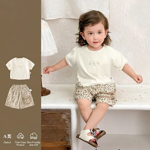 Kleinkind Baumwolle Sommer Bekleidungsset Cartoon Bär T-Shirt Und Leopardenmuster Shorts Weiches Atmungsaktives Outfit Für Jungen Mädchen