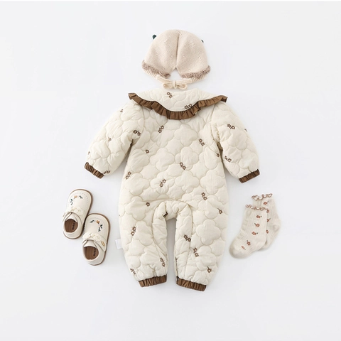 Baby Girl Quilted Winter Romper Warm Long Sleeve Jumpsuit Peter Pan Collar Floral Embroidered Polyester One Piece Bodysuit