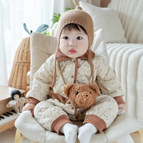 Baby Jongens Herfst Winter Verdikte Gewatteerde Strampler Met Berenzak Cartoon Beer Print Lange Mouwen Outfit