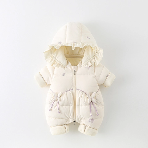 Infant Baby Girl Winter Quilted Romper Floral Embroidered Hooded Snowsuit Warm Padded Bodysuit With Bowknots Korean Style