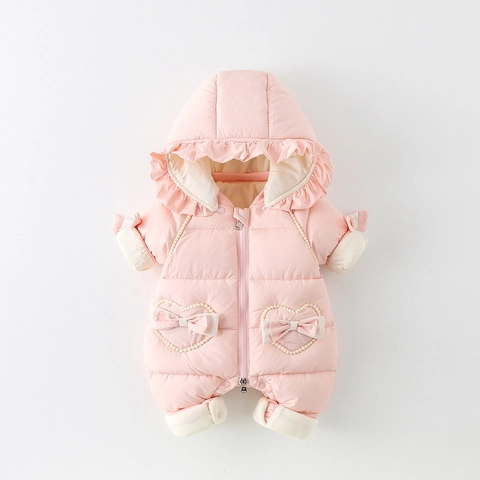 Babymeisjes Winter Gewatteerde Strampler Verdikte Fleece Gevoerde Jumpsuit Met Capuchon Met Hartzakken Strik Polyester Sneeuwpak