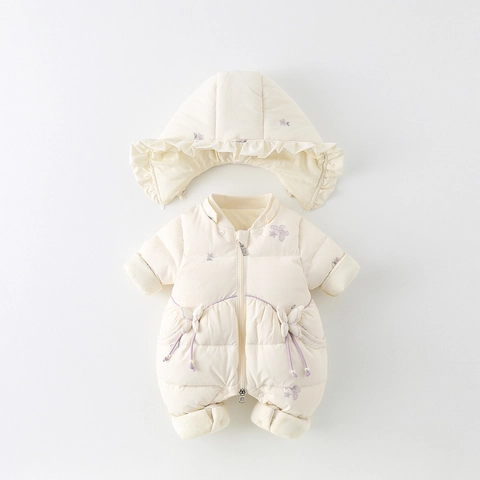 Infant Baby Girl Winter Quilted Romper Floral Embroidered Hooded Snowsuit Warm Padded Bodysuit With Bowknots Korean Style