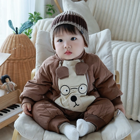 Baby Jungen Gesteppter Strampler Säugling Cartoon Bär Wattierter Overall Ohne Kapuze Warm Herbst Winter Outwear Reißverschluss Body