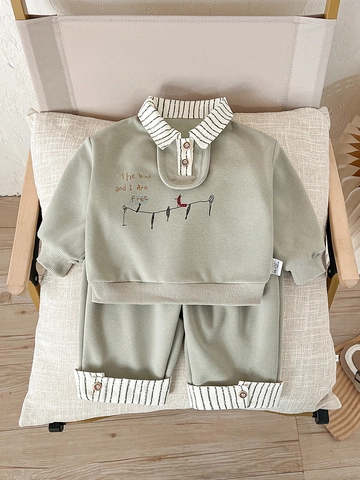 Peuter Jongens Casual Katoenmix Lange Mouw Poloshirt En Broek Outfit Saliegroen Geborduurd Gestreepte Babykleding