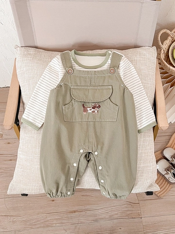 Baby Jungen Frühling Kleidung Outfit Langarm Gestreiftes Hemd und Hund Bestickte Latzhose Baumwolle Bekleidung für Kleinkinder