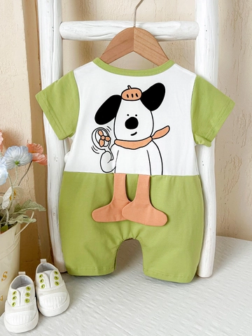 Baby Jongen Katoenmix Korte Mouw Strampler Cartoon Hond Bedrukt Contrastkleur Zomer Jumpsuit Zacht Comfortabel Eendelig Outfit