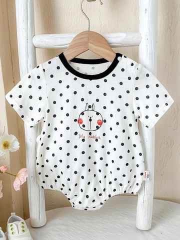 Baby Girls Soft Cotton Polka Dot Romper Short Sleeve Rabbit Print Jumpsuit Summer Breathable Bodysuit For Newborn Infants