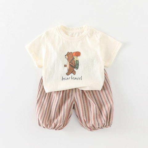 Toddler Summer Clothing Set Cartoon Bear Print Cotton Short Sleeve Top And Multicolor Striped Shorts For Boys Girls