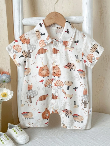 Baby Boy Pure Cotton Short Sleeve Romper Cartoon Forest Animal Printed Jumpsuit Lapel Collar Breathable Newborn Clothes