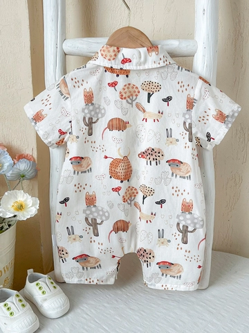 Baby Boy Pure Cotton Short Sleeve Romper Cartoon Forest Animal Printed Jumpsuit Lapel Collar Breathable Newborn Clothes