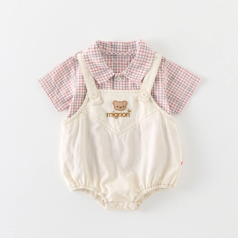 Completo Abbigliamento Neonato Estate Gentiluomo Cotone Quadri Manica Corta Camicia Colletto Rovesciato Ricamato Orso Pagliaccetto