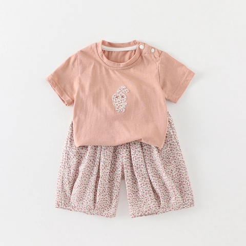 Set Abbigliamento Estivo per Neonata T-Shirt a Maniche Corte Con Ricamo a Toppa di Coniglio e Pantaloni a Fiori Cotone