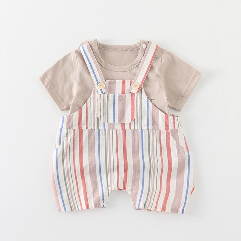 Set di Vestiti Estivi da 2 Pezzi per Bambino Maglietta in Cotone con Stampa Orso e Salopette a Righe Multicolore Casual Neonati