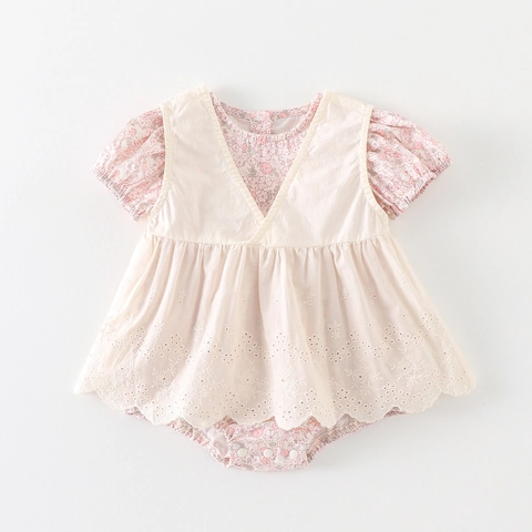 Grenouillère à Manches Courtes Florale pour Bébé Fille Avec Broderie Coton Combinaison d'été Tenue Princesse Pastorale