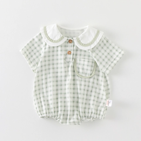 Summer Baby Plaid Short Sleeve Romper Breathable Cotton Peter Pan Collar Bodysuit For Newborn Infant Boys Girls Clothes