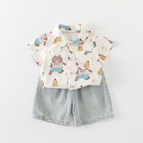 Conjunto de Ropa de Verano para Niños Pequeños Camisa de Manga Corta con Estampado de Oso y Pantalones Cortos de Mezclilla Lavados Atuendo Casual de 2 Piezas