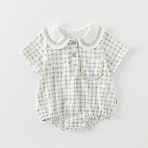 Summer Baby Plaid Short Sleeve Romper Breathable Cotton Peter Pan Collar Bodysuit For Newborn Infant Boys Girls Clothes