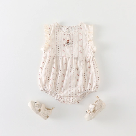 Barboteuse Fleurie pour Bébé Fille 100 Pour Cent Coton Body Sans Manches Avec Manches Volantes en Dentelle Fleur au Crochet Combinaison d'Été pour Nourrisson Style Coréen Doux