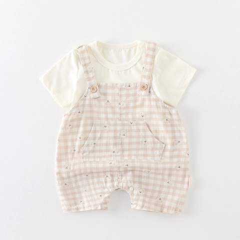 Conjunto de Ropa de Verano para Bebé Camiseta de Algodón de Manga Corta y Pantalones Cortos de Tirantes de Cuadros Oso