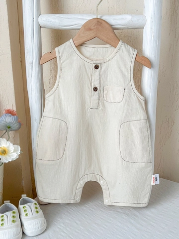 Baby Boys Sleeveless Romper 100% Cotton Summer One Piece Jumpsuit Korean Style Solid Color Soft Breathable Infant Clothes Beige