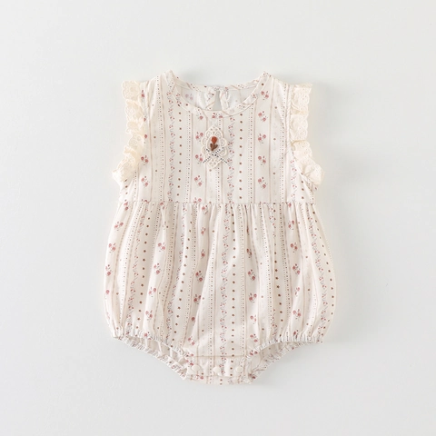 Barboteuse Fleurie pour Bébé Fille 100 Pour Cent Coton Body Sans Manches Avec Manches Volantes en Dentelle Fleur au Crochet Combinaison d'Été pour Nourrisson Style Coréen Doux