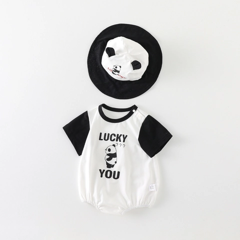 Baby Summer Short Sleeve Romper Set With Panda Hat Cotton Class A Breathable Jumpsuit Newborn Outing Clothes For Infants