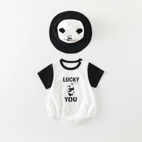 Baby Summer Short Sleeve Romper Set With Panda Hat Cotton Class A Breathable Jumpsuit Newborn Outing Clothes For Infants