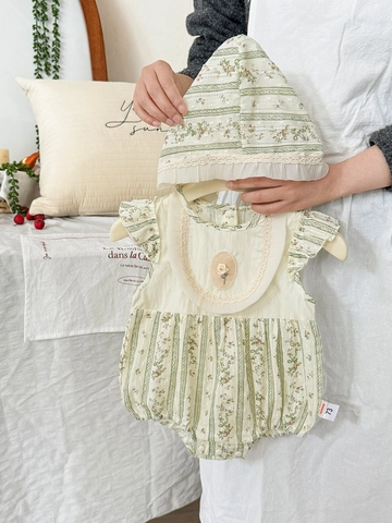 Pagliaccetto Estivo per Neonata a Fiori e Righe Con Cappello Abbinato in Puro Cotone Manica a Volant Abbigliamento Coreano