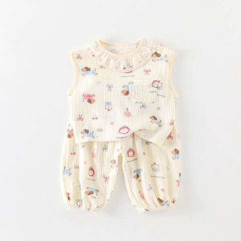 Baby Girls Sleeveless Summer Clothes Set 100% Cotton Gauze Ruffle Lace Collar Top And Pants Cartoon Dog Printed Home Wear
