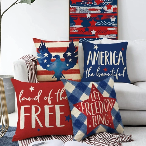 Fundas de Almohada Decorativas Bandera Americana Estrellas Rayas Día de la Independencia Rojo Blanco Azul Poliéster Para Sofá Hogar