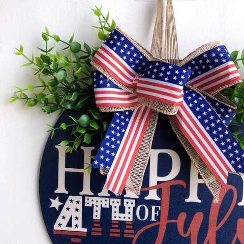 Independence Day Happy 4th Of July Wood Sign Door Hanging Decor Patriotic Stars Stripes Bowknot Artificial Greenery Wall Porch Decoration