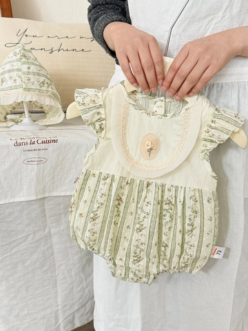Pagliaccetto Estivo per Neonata a Fiori e Righe Con Cappello Abbinato in Puro Cotone Manica a Volant Abbigliamento Coreano