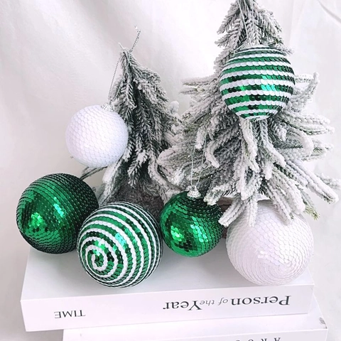 Decorazioni Scintillanti con Paillettes a Righe Verdi e Bianche per Albero di Natale in Plastica per Feste e Casa