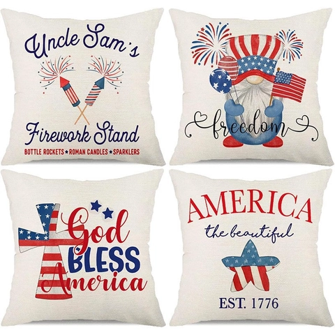Fundas de Almohada Decorativas Bandera Americana Estrellas Rayas Día de la Independencia Rojo Blanco Azul Poliéster Para Sofá Hogar