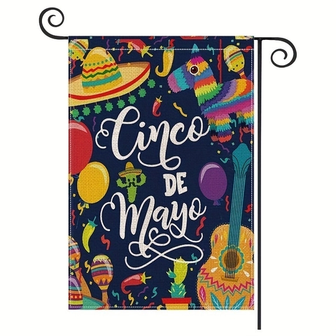 Mexikanische Cinco De Mayo Gartenflagge Polyester Outdoor Festlich Hof Deko Sombrero Gitarre Kaktus Gnom Doppelseitiges Deko Banner