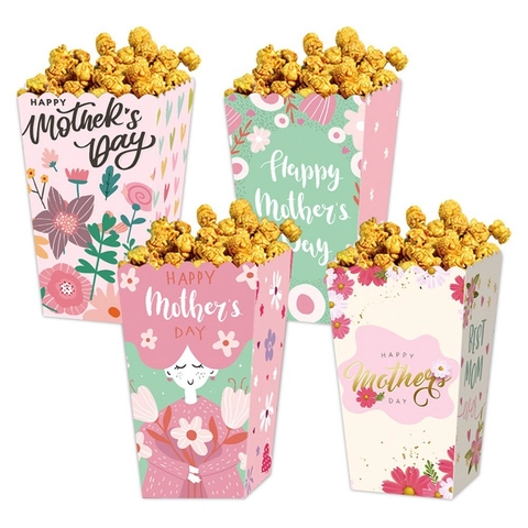 Happy Mother's Day Paper Popcorn Snack Boxes Floral Heart Print Gift Packaging Treat Box For Party Celebration Best Mom Ever