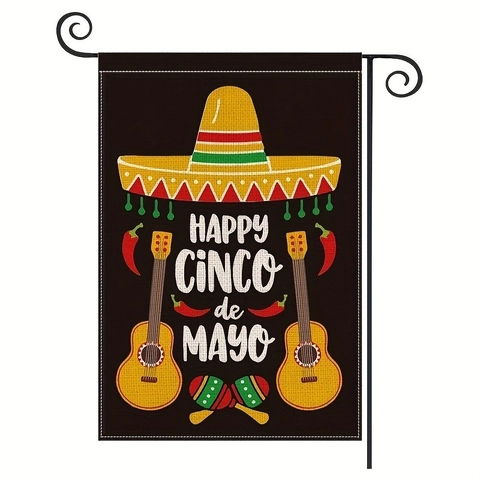 Mexikanische Cinco De Mayo Gartenflagge Polyester Outdoor Festlich Hof Deko Sombrero Gitarre Kaktus Gnom Doppelseitiges Deko Banner