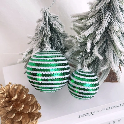 Decorazioni Scintillanti con Paillettes a Righe Verdi e Bianche per Albero di Natale in Plastica per Feste e Casa