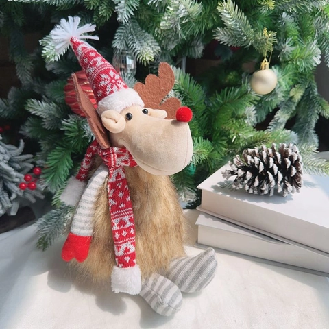 Cute Christmas Reindeer Plush Doll Sitting Reindeer Ornament With Knitted Hat And Scarf For Home Holiday Window Display Decor