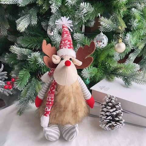 Cute Christmas Reindeer Plush Doll Sitting Reindeer Ornament With Knitted Hat And Scarf For Home Holiday Window Display Decor