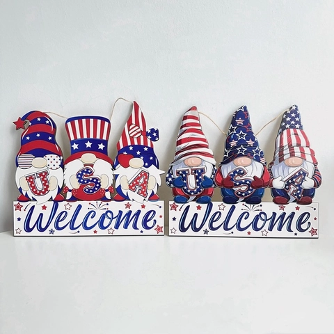 Letrero de Bienvenida de Gnomo Patriótico Día de la Independencia Tablero Compuesto Bandera USA Decoración Puerta Colgante