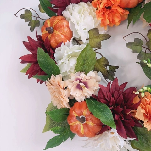 Halloween Kunstmatige Pompoen Krans Herfst Oogstfeest Voordeur Decoratie Warme Kleur Esdoornblad Bloemkrans
