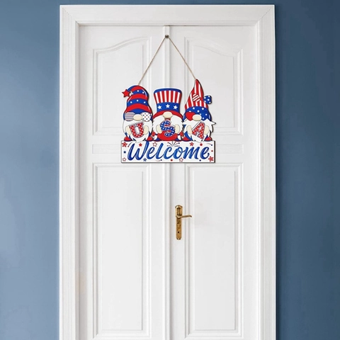 Letrero de Bienvenida de Gnomo Patriótico Día de la Independencia Tablero Compuesto Bandera USA Decoración Puerta Colgante