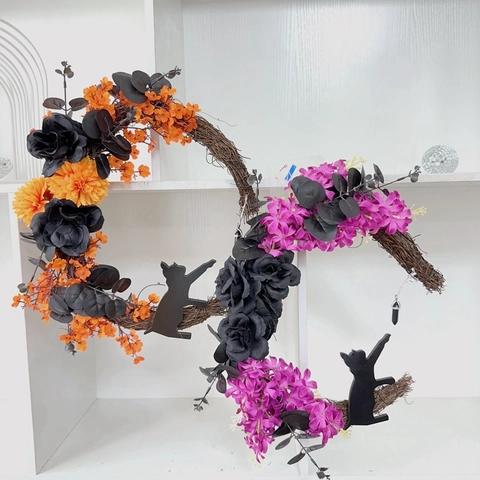 Halloween Mond Katze Kranz Schwarz Mondsichel Rebenkranz Mit Künstlichen Blumen Und Katzen Silhouette Gotisch Haus Deko