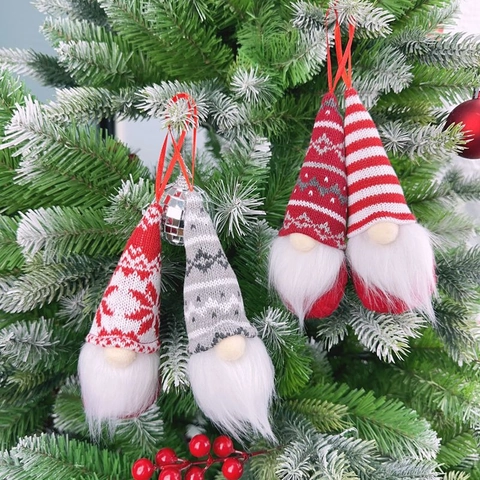 Ornements à Suspendre Gnomes de Noël Poupée Sans Visage en Tricot Pendentifs de Nains en Peluche pour Sapin de Noël Décoration de Fête
