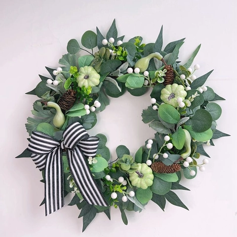 Halloween Pompoen Kunstkrans Met Strik Eucalyptus Bladeren Bessen Dennenappels Voor Voordeur Huis Wanddecoratie